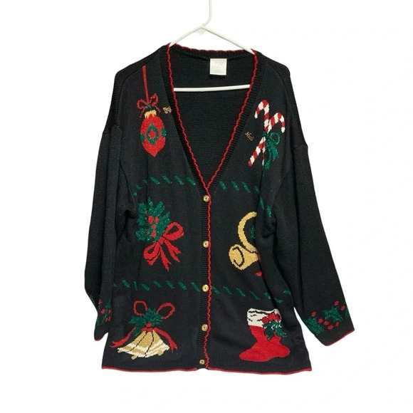 Style Studio black button up cardigan size 1X Christmas themed - Picture 1 of 5
